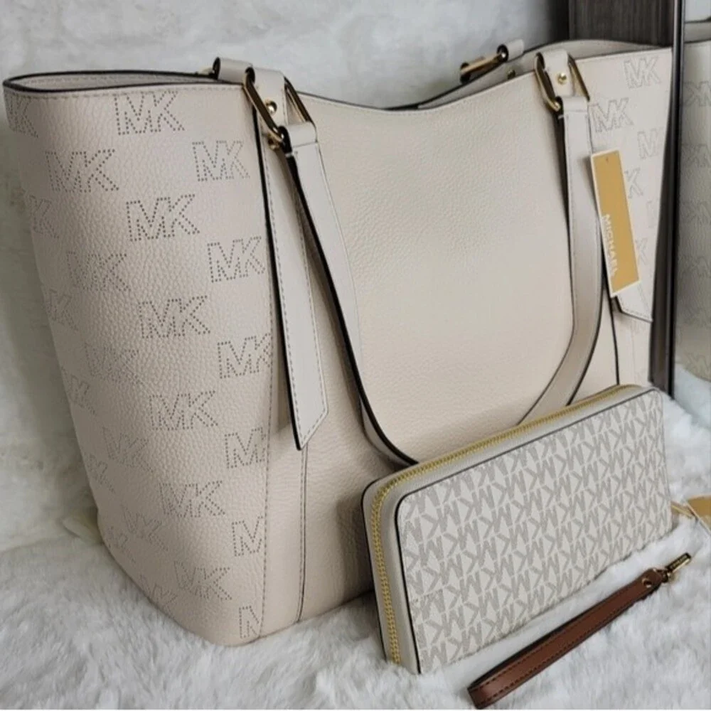 🎀 Michael Kors 3 SET Matching Shoulder Bag Tote Handbag Wallet Charm Pom NWT - Picture 5 of 14